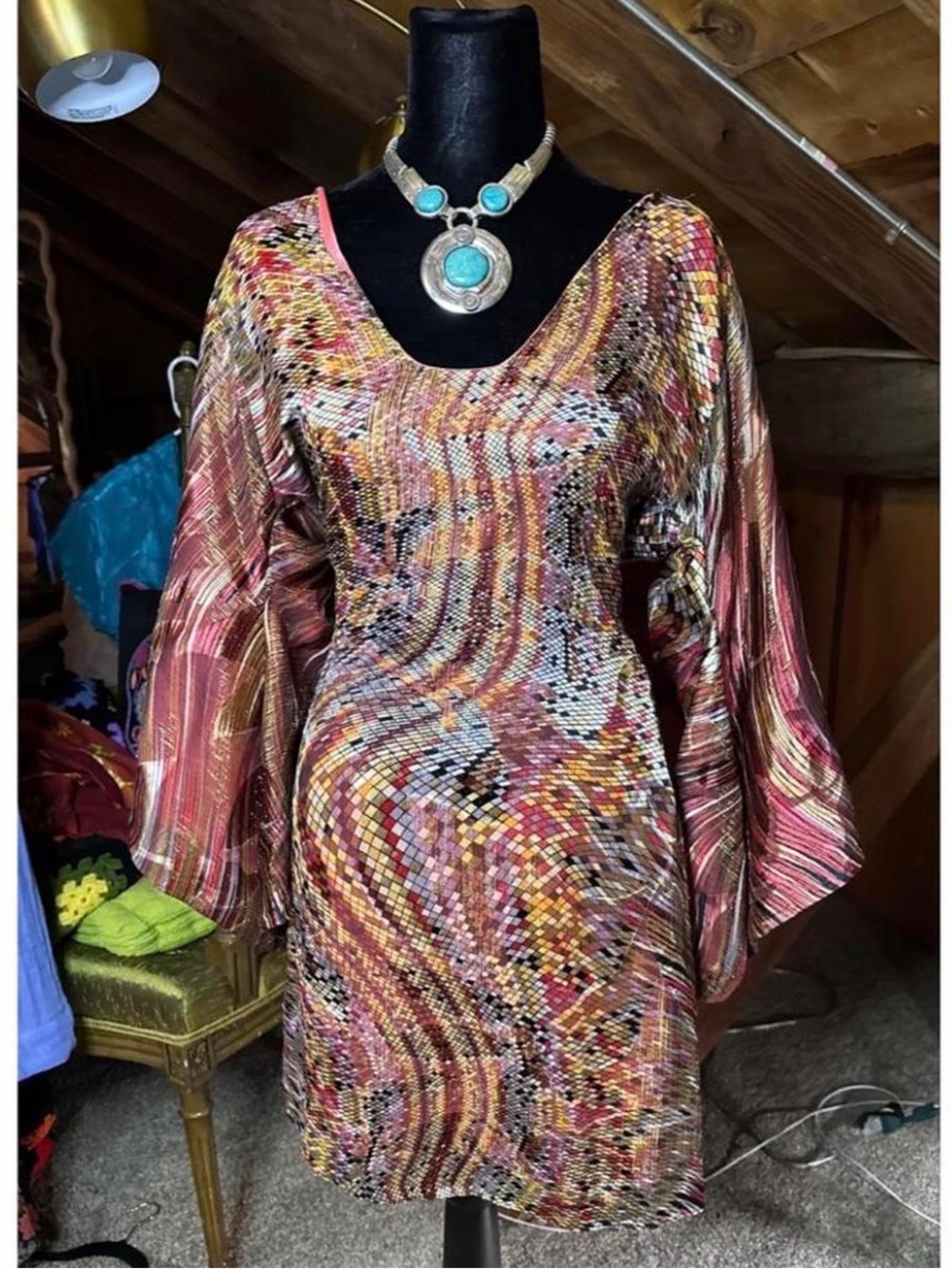Meghan Los Angeles Boho Print Silk Tunic Mini Dress